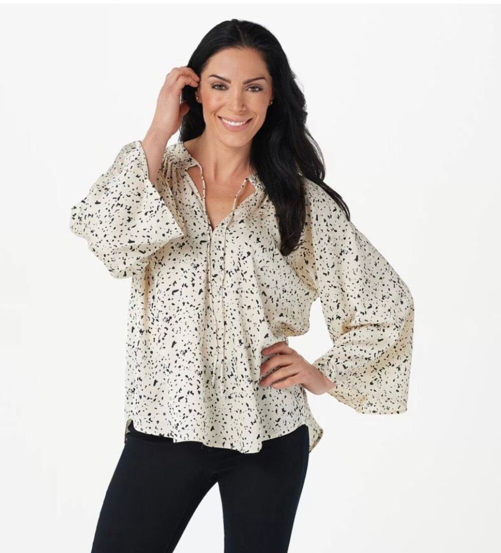Bishop + Young Printed Satin Willow Long Sleeve Blouse White Black XL NWT
